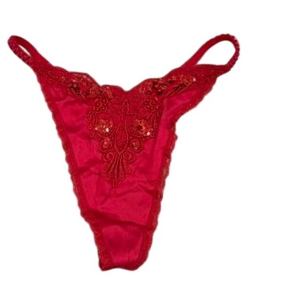 Victoria's Secret 80s Vintage Red Lace Sequin Embellished Thong Panty P/S 100% S - Picture 1 of 5